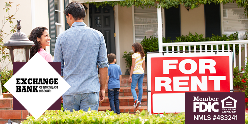 Family smiling and walking up to house with For Rent sign in front yard