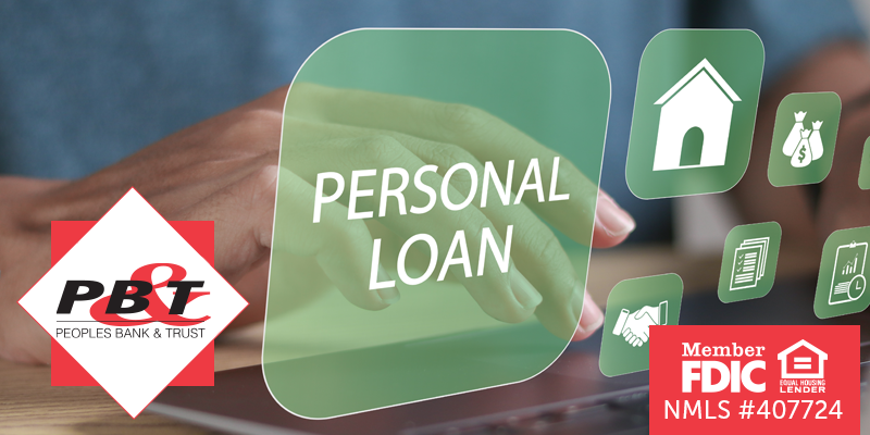 Person typing on laptop with overlay of 'Personal Loan' text with icons of house, money bags, handshake