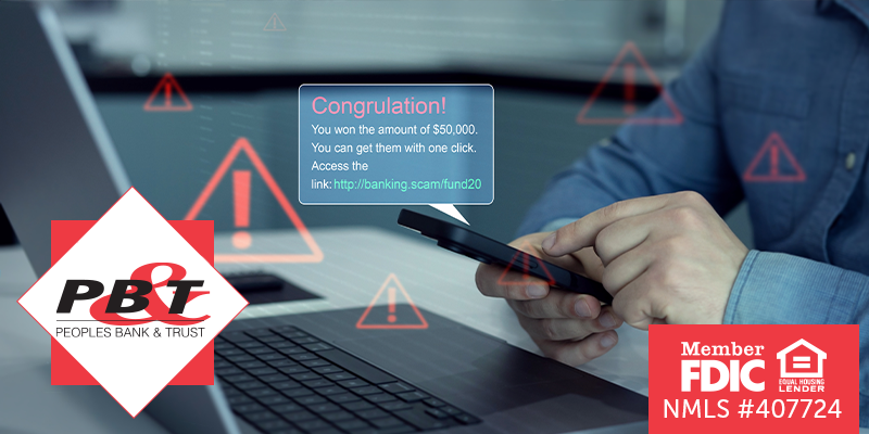 Man in front of laptop holding a cellphone that has a scam text popping up above it